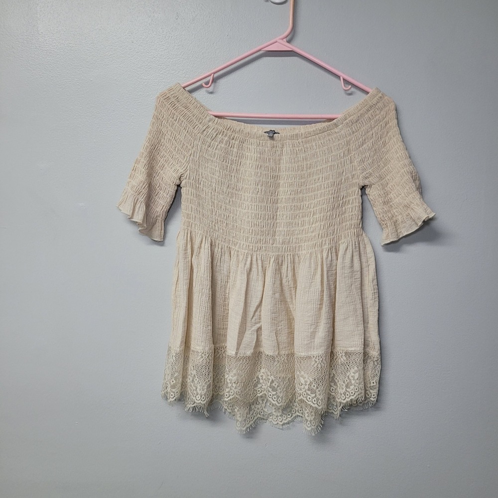Charlotte Russe Off Shoulder Smocked Lace Trim Peplum Top Cream Small